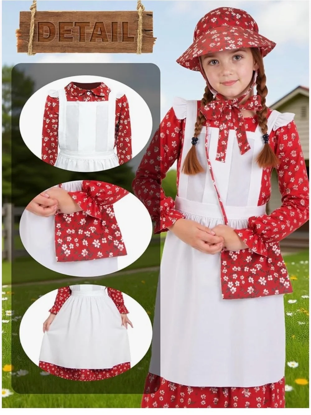 Red Prairie Dress with White Apron Kids Costume